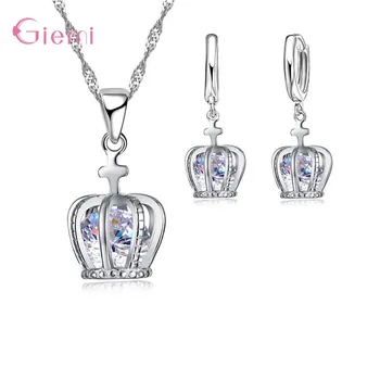 

Genuine S925 Sterling Silver Luxury Jewelry Sets Charms Crystal Elegant Hollow Crown Pendant Necklace Earrings For Women Girls
