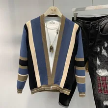 Осенний кардиган мужской модный Контрастный ЦВЕТНОЙ Повседневный вязаный свитер с v-образным вырезом мужской уличная дикая Свободная кофта с длинными рукавами