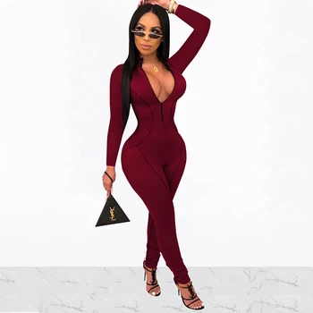 

New Autumn Women Front Zipper Jumpsuit Casual Long Sleeve 4 Colors Bodycon Romper Sexy Fashion Club Night Party Jumpsuit