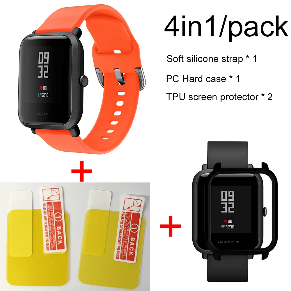 4в1 силиконовый ремешок спортивный браслет чехол для Xiaomi Huami Amazfit Bip BIT умные часы аксессуары - Цвет: Orange-black case