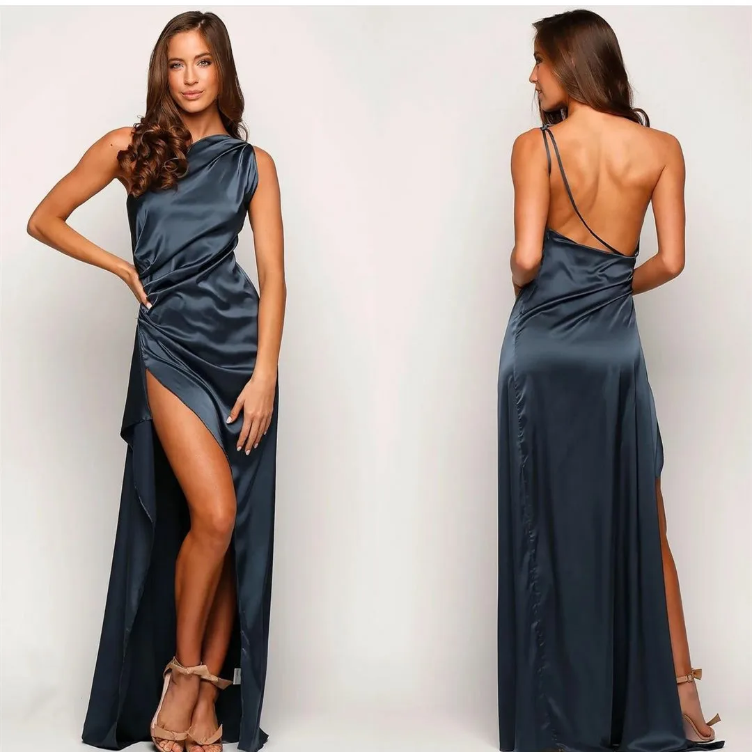 

Sexy Long Blue Satin Prom Dresses with Slit Open Back Floor Length Pleated Abendkleider Robes de Soirée for Women