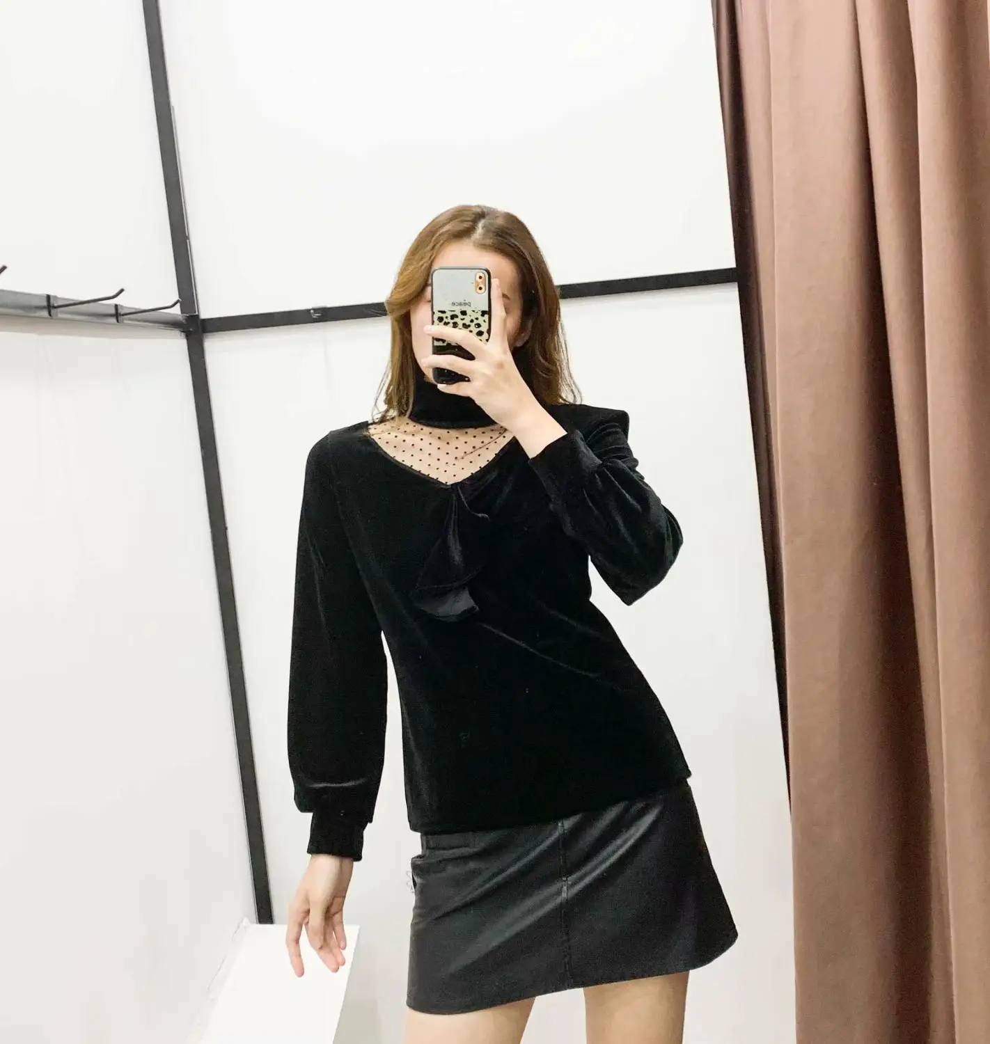  2020 women elegant dots mesh spliced velvet blouse office lady long sleeve ruffles shirt retro chic