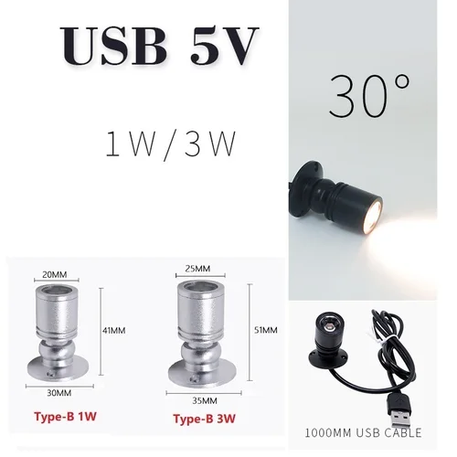 EtrnLED USB 스포트 라이트 미니 Led 램프 쥬얼리 쇼케이스 와인 캐비닛 조명 키트, 1W 3W 조정 가능한 스포트 라이트 천장 통 5V 3