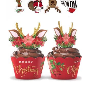 

24 Pcs Christmas Deer Cake Decor Cupcake Wrappers Merry Christmas Cake Topper Cupcake Wrapper Party Decorative Items
