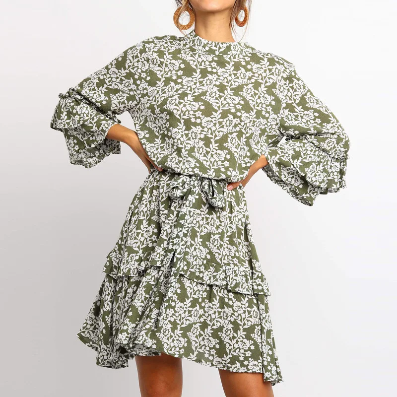 

3/4 Sleeve Floral Print Ruffles Dress Women Stand Collar Sashes Beach Casual Dress Summer Boho Chiffon Mini Dresses Vestidos