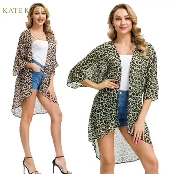 

Kate Kasin Women's Leopard/Floral Print Chiffon Kimono Cardigan 3/4 Batwing Sleeve Open Front Swimsuit Cover Up Sheer Beach Wear