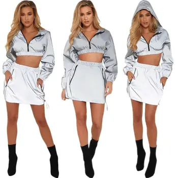 

Women Sports Cocktail Party Solid Zipper Pocket Long Sleeve Short Length Reflective Stretch Hoodie Zip Up Crop Top+Skirt Sets