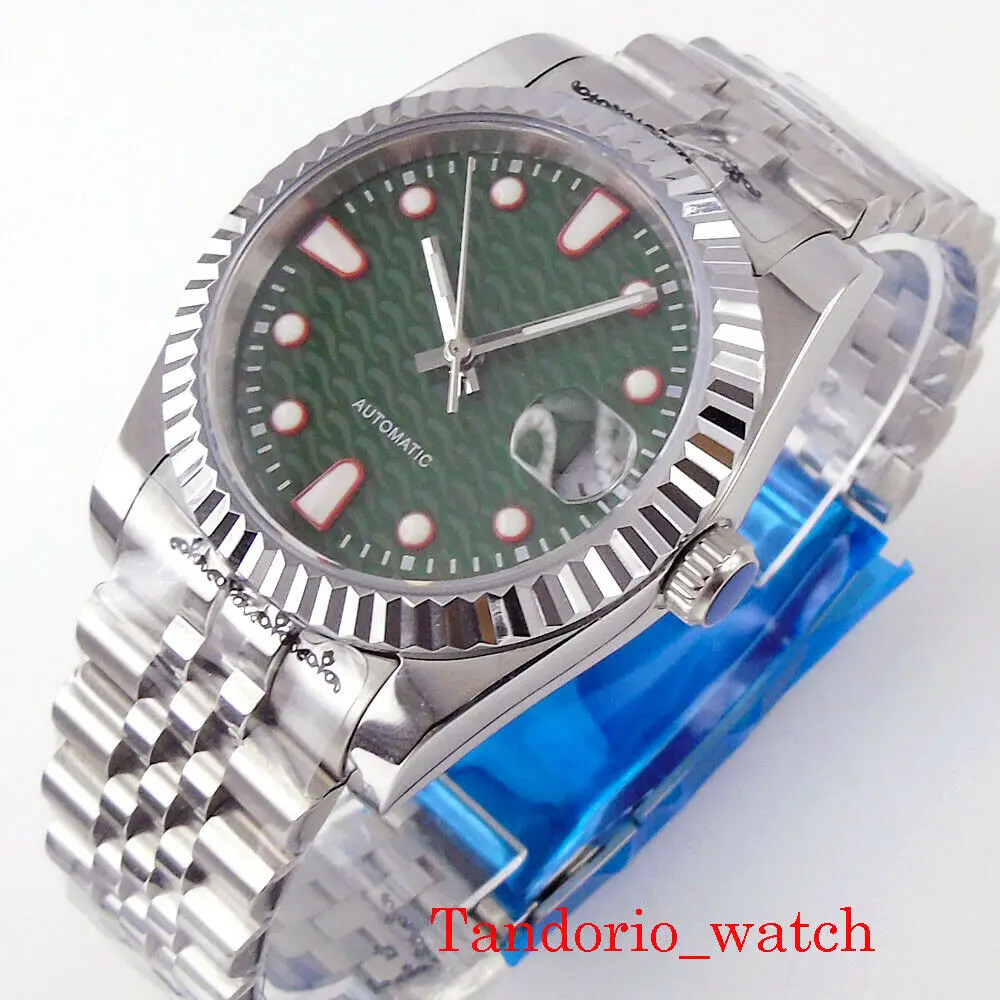 

39mm Green Automatic Watch Cyclops Sapphire Crystal Fluted Bezel MIYOTA8215 MINGZHU2813 Movement Auto Date Jubilee Bracelet