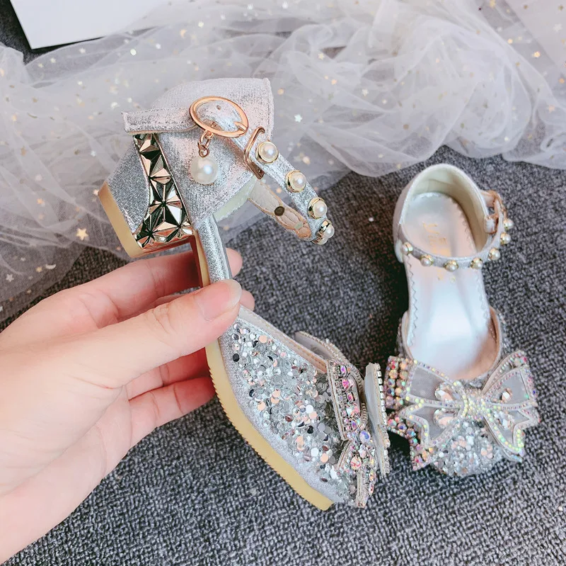 Spring girls' princess high heels children's shoes flash drill bow flower children's fashion shoes wedding shoes unicorn