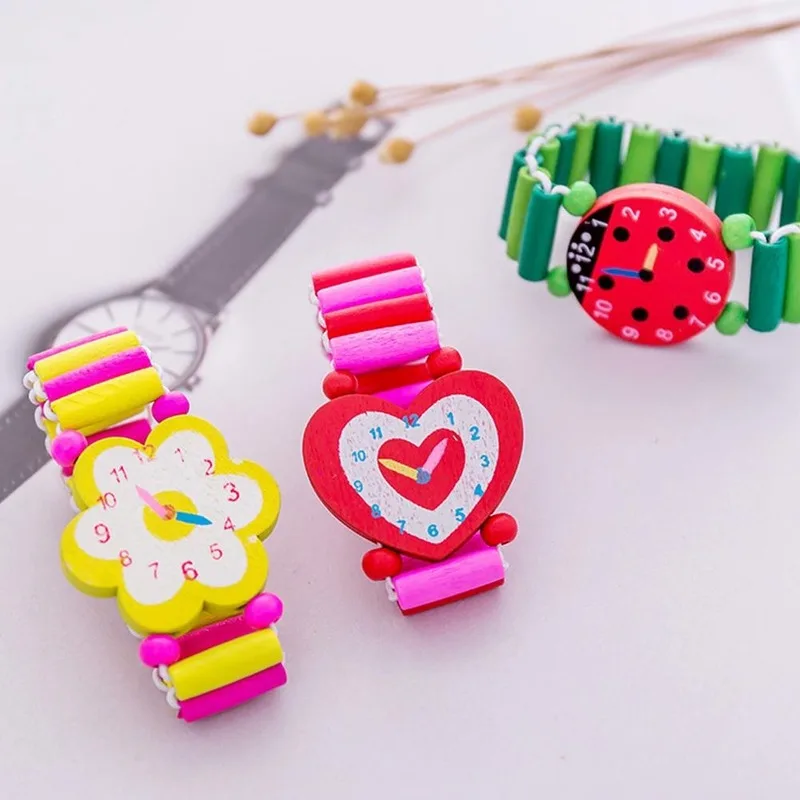 Pulseras de madera de colores para niñas y niños, relojes pulsera elástica, pulsera de juguete para niños, regalo de cumpleaños, joyería