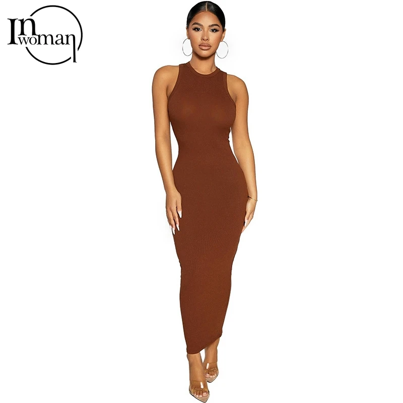 Inwoman Ribbed Knitted Summer Black White Maxi Dress Women 2021 Sexy Party Bodycon Long Dress Sundress Ladies Brown Wrap Dresses red dress