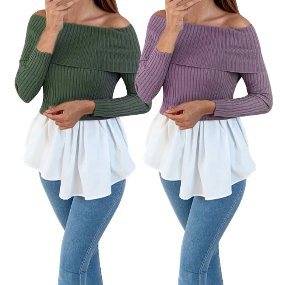 Fashion Sexy Women Off Shoulder Pullover sweater Autumn boat neck Long Sleeve Splicing Winter Knit Femme Pull | Женская одежда