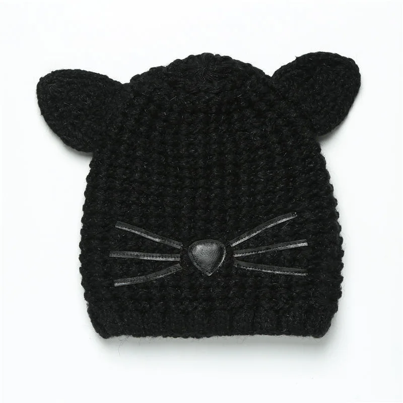 Черный H7520 сезон осень-зима; детский вязаный Beanie Hat Baby двойные толстые теплая шерсть девочки-мальчики с украшением в виде кошачьих ушек и симпатичное платье в мультипликационном головные уборы Skullies Шапки - Цвет: Черный