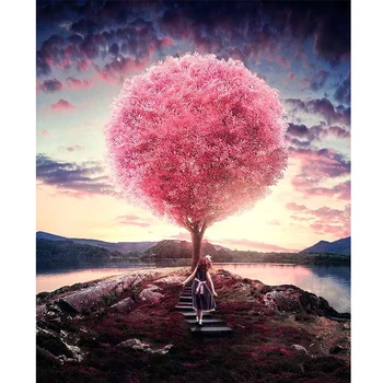 

SenyuArt Diamond Painting Full Round Square Embroidery Pink Tree Landscape Picture Mosaic Art Accessories Cross Stitch Kit Decor