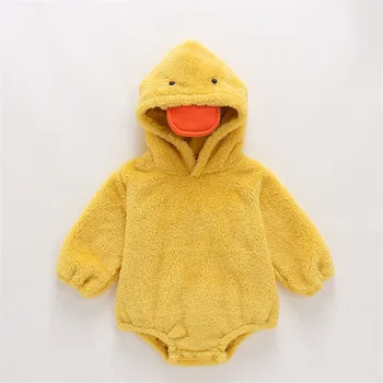 

Baby Infant Newborn Winter Jumpsuit Infant Boy Girl Yellow Cute Duck Print Hooded Thick Warm Romper Clothes Long Sleeve Overalls
