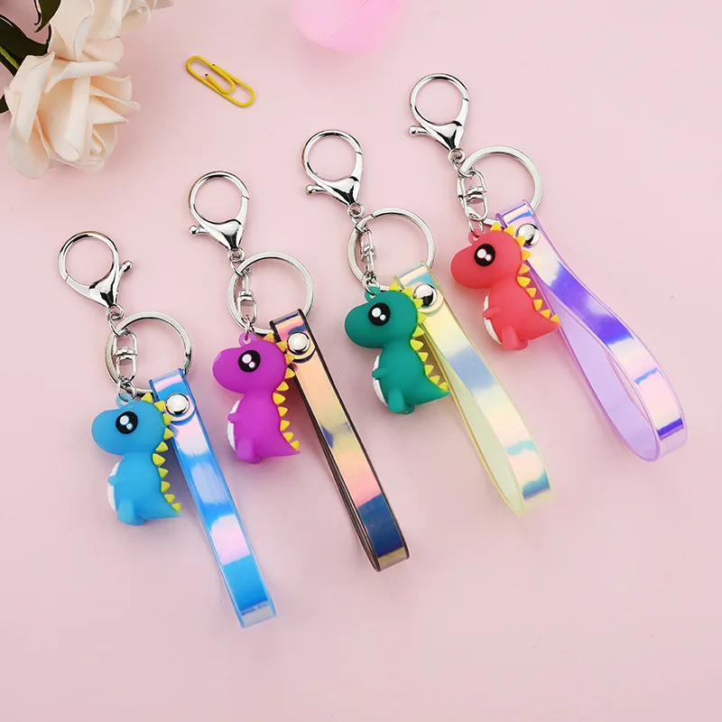 

Creative cartoon soft plastic dinosaur doll key chain colorful striped leather rope bag pendant kids toys wholesale
