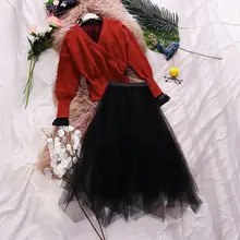HISUMA, весенний женский вязаный свитер с v-образным вырезом и длинным рукавом+ кружевные рубашки+ Асимметричная сетчатая юбка, комплекты из трех предметов, женские костюмы