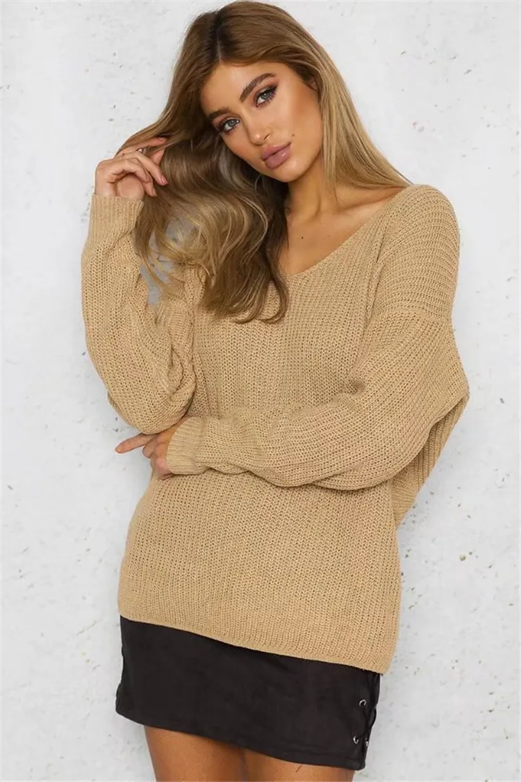 Сексуальный свитер без спинки с v-образным вырезом, женские джемперы, осенние пуловеры, Повседневные вязаные свитера с длинным рукавом, женская одежда размера плюс