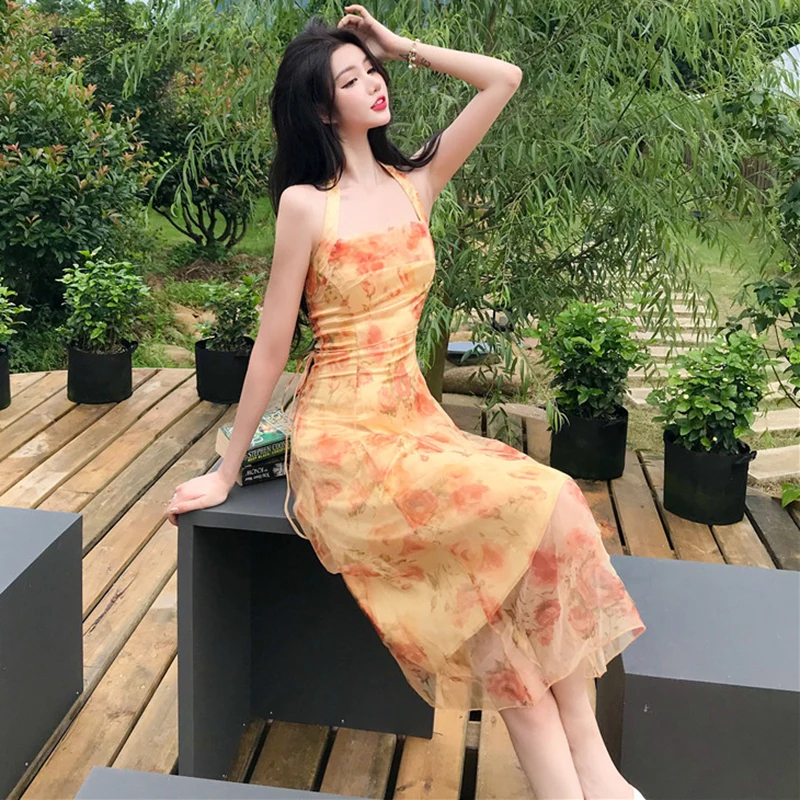 Women Midi Floral Halter Slip Dress Summer 2021 Vintage Painting Flowers Backless Casual Party Night Vacation Runway Vestidos