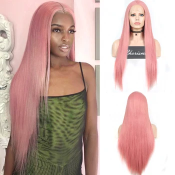 

Charisma Long Straight Hair Pink Wig Heat Resistant Fiber Synthetic Lace Front Wig Natural Hairline Wigs for Women Cosplay Wig