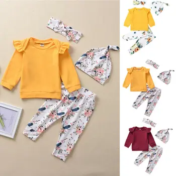 

4PCS Newborn Baby Girl Solid Long Sleeve Crew Neck Ruffle Tops T Shirt Floral Long Pants Headband Fashion Outfits Set Clothes