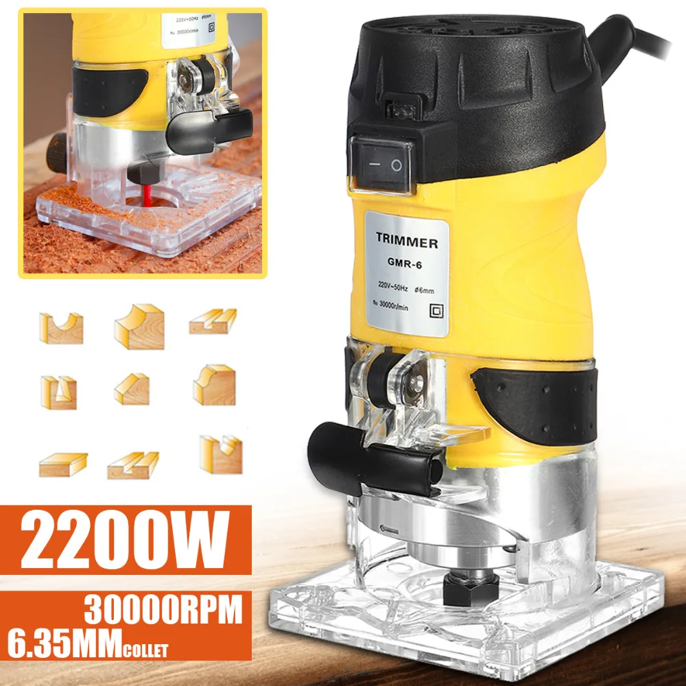 

2200W Electric Hand Trimmer Wood Router 6.35mm Woodworking Laminator Carpentry Trimming Cutting Carving Machine Power Tool Set