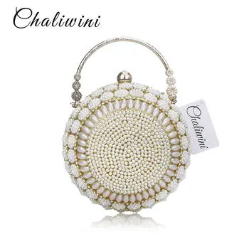 

Design Gold ball Wristlets Bag Women Silver Beaded Pearl Mini Tote Handbag Chain Lady Wedding Bridal Evening Purse Clutch Bag