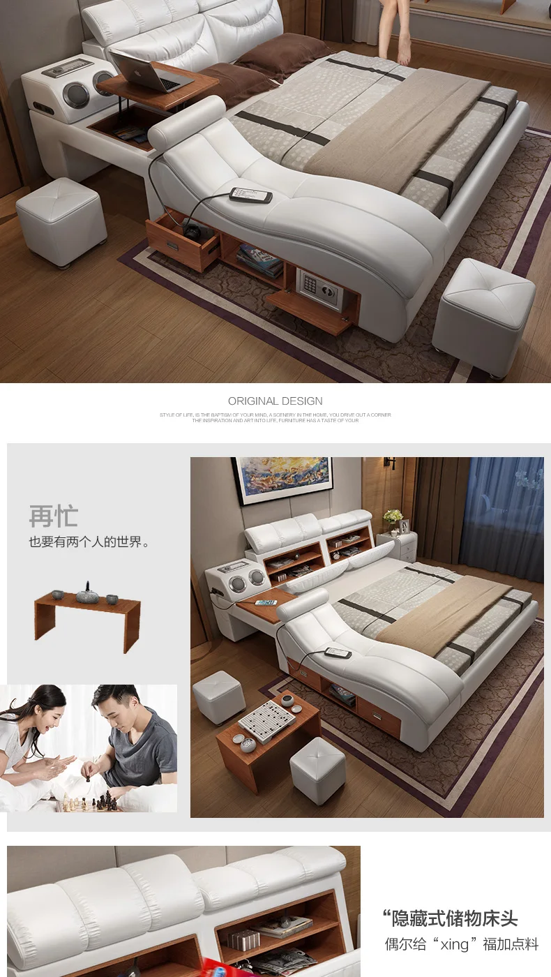  Genuine leather bed frame Soft Beds massager storage safe speaker LED light Bedroom cama muebles de