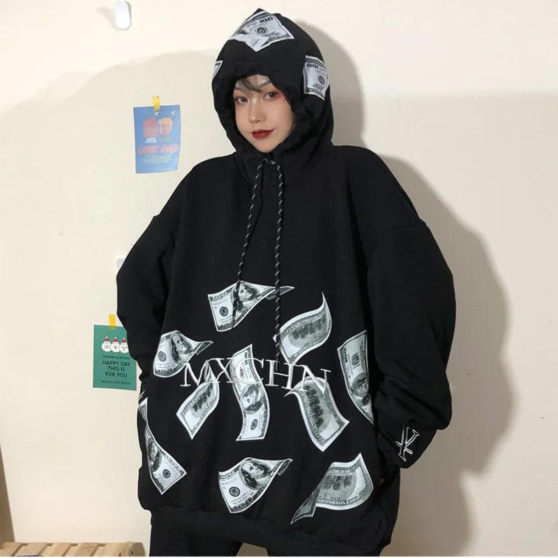 Harajuku/Женская толстовка с принтом доллара США, с капюшоном, с вышитыми буквами, повседневная, свободная, с длинным рукавом, для женщин, в стиле хип-хоп, пуловеры, толстовки