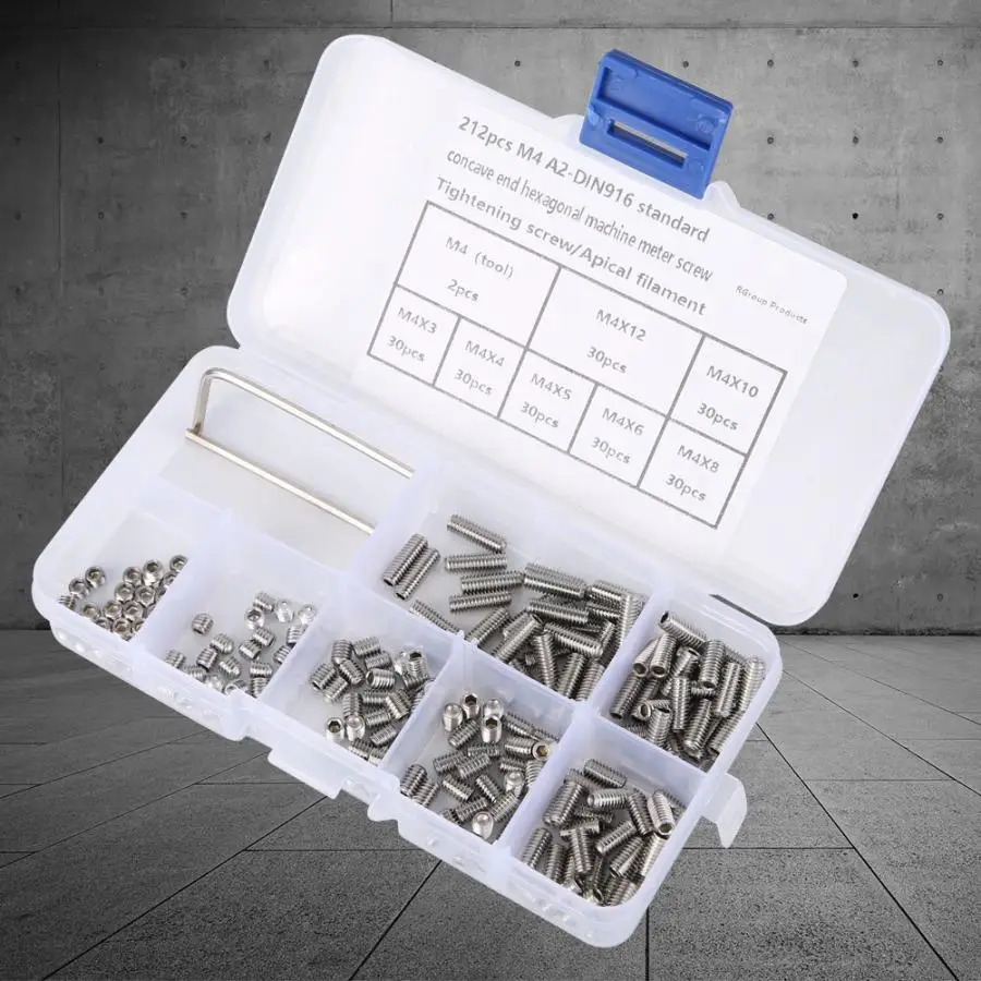 

212Pcs/set Grub Screws Stainless Steel Inner Hex Concave End Tighten Hardware Fasteners tapa tornillos