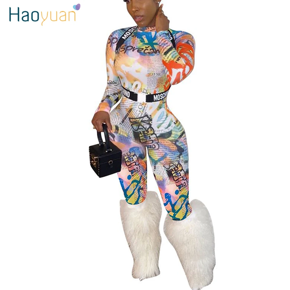 

HAOYUAN Sexy Letter Print Bodycon Jumpsuit Women New Fall Winter Clothes Body Club Outfit One Piece Long Sleeve Rompers Jumpsuit