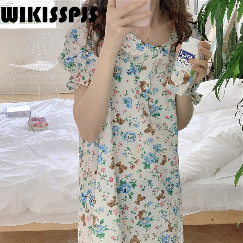 

2022 Summer New Fashion Floral Bear Print Short Sleeve Nightdress with Ruffle Nightgown Women Sleeping Dress