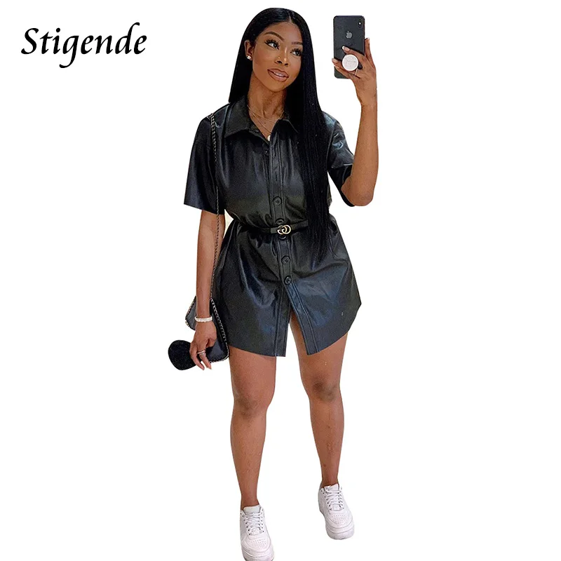 

Stigende Women Summer Sexy Pu Mini Dress Casual Black Faux Leather Party Dress Turn Down Collar Front Button Short Shirt Dress