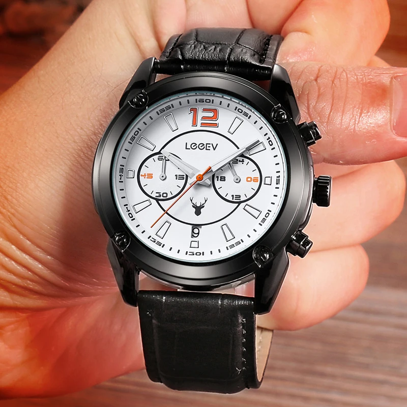 LeeEv мужской спортивный кожаный для часов военный хронограф светящийся Аналоговый кварцевые многофункциональные наручные часы для подарков