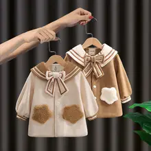 Manteau en laine à manches longues pour fille, veste à col bleu marine, vêtements pour enfants