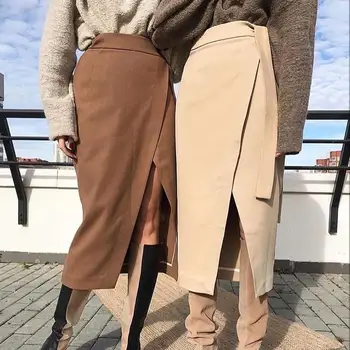 

Fashion Women Skirt Winter Autumn Thicken Solid Color High Waist Slit Long Wrap Skirt Midi Skirt