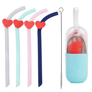 

4 in 1 Resuable Silicone Drinking Straw Set with Brush Carrying Case Heart Clip For Travel Outdoor Home (4Colors, 1pc)