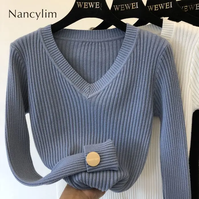 

V-collar Sweater Woman Autumn and Winter New Korean Body-fitting Knitted Shirt Undershirt Girls Ladies Sweater Jumper Tops