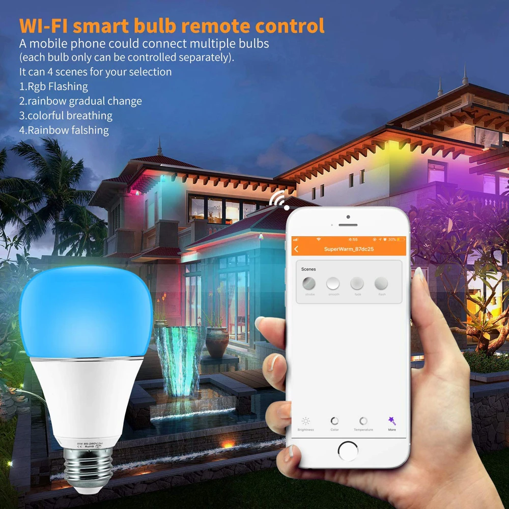 WiFi Смарт Светодиодный лампочки 5 Вт RGBW(16 миллионов цветов) домашнее приложение цветной телефон с регулируемой яркостью со смартфоном E26 E27 110 В 220 В