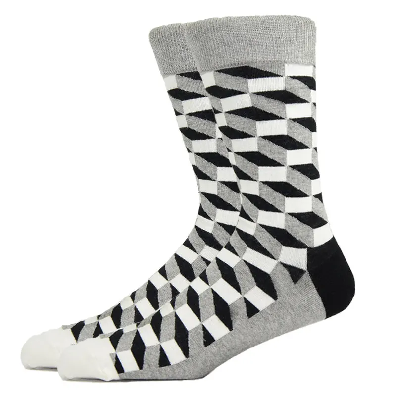 Fashion Man Socks Geometric Color Combed Cotton Autumn Winter Warm Breathble Couple Long Socks For Men Women Happy Wedding Gifts