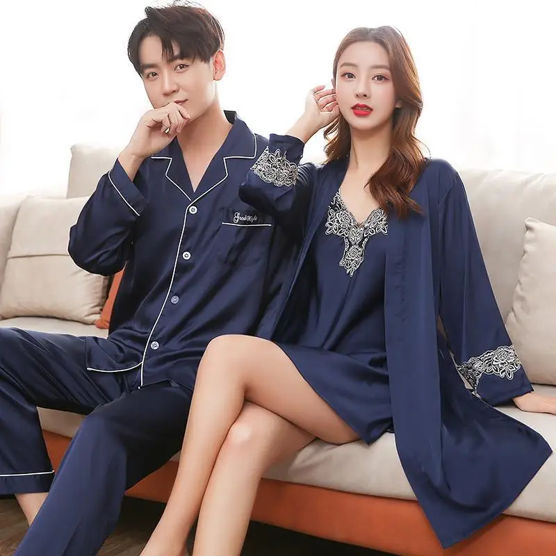 Lovers Couple Silk Pajamas Men Male Long Sleeve Sleepwears Pyjama 2pc Set Home Clothes Pijamas Para Parejas Shirt Trousers Pants