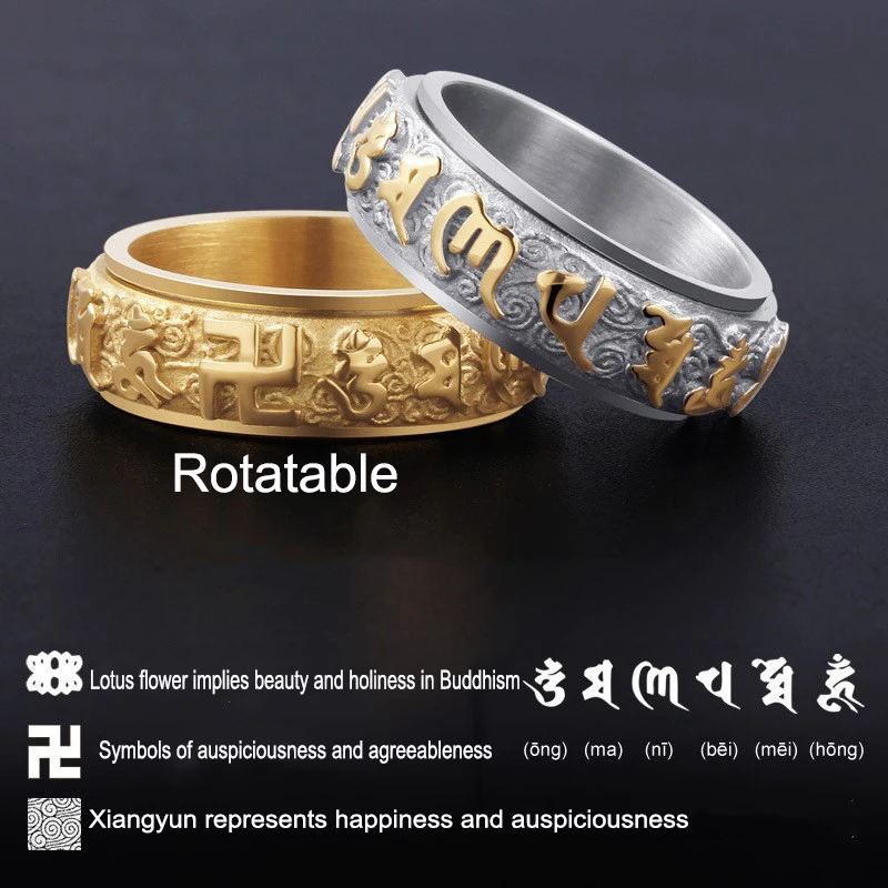 

100% Stainless Steel Jewelry Buddhistic Six Words' Mantra Being Old Style Rings for Women Men Gift Amulet Jewelry Lucky