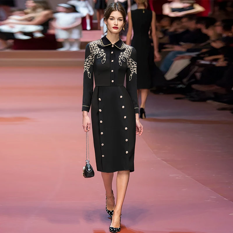 

Lapel single breasted nine point sleeve gold thread embroidery pattern waist pack hip mid length dress new fall 2020