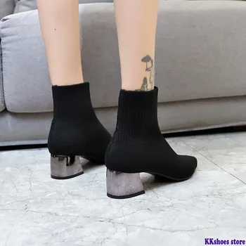 

Knitted Elastic Socks Boots Medium Heeled Short Boots Women Point Toe Ankle Boots