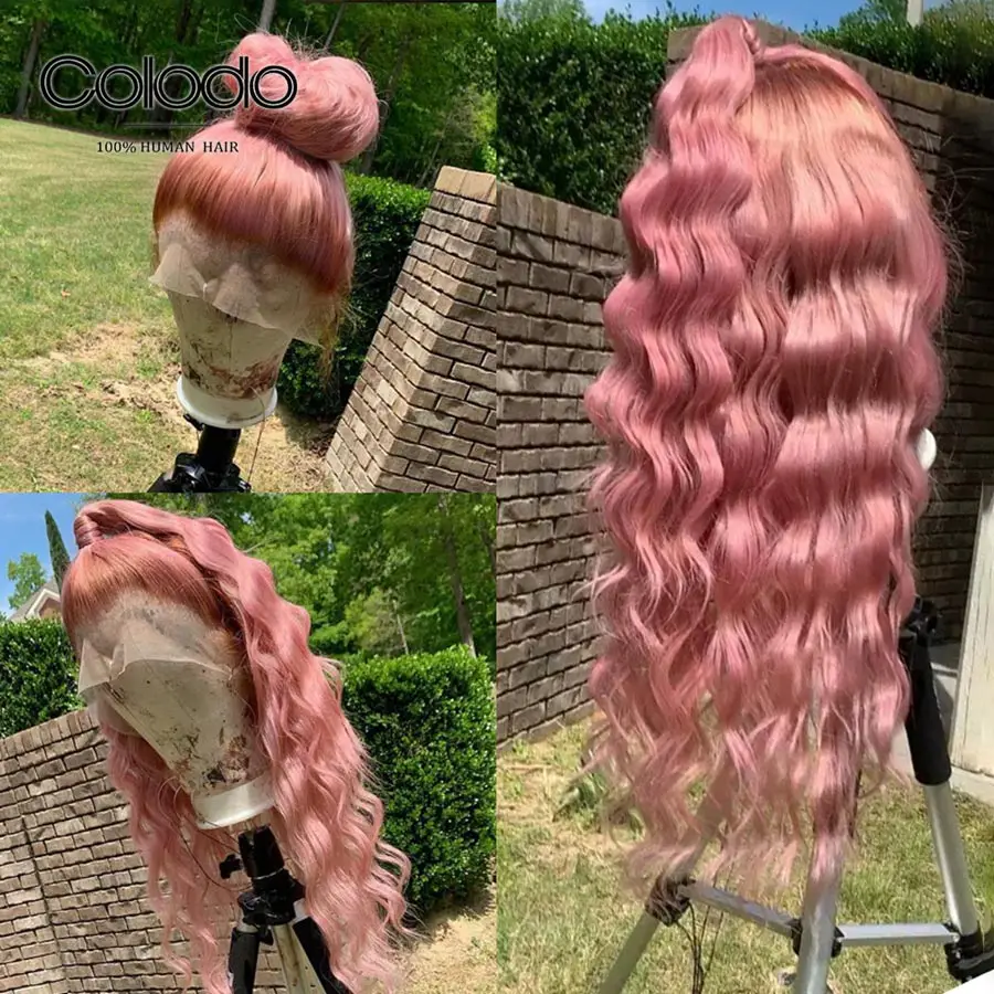 Колодо бразильские волосы Remy 13x4, фронтальные парики на шнурке, цвет Омбре, волна воды, голубые человеческие волосы, парик предварительно выщипанные 150, розовые парики на шнурке для женщин - Цвет: Ombre Pink