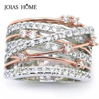 

JoiasHome Luxury 925 Silver Ring Creative Rose Gold Micro Inlaid Zircon Cross Separation Ring Engagement Wedding Gift