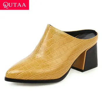 

QUTAA 2020 Pointed Toe Square High Heel Sandals PU Leather Summer Ladies Pumps Slingback All Match Slip on Women Shoes Size34-43