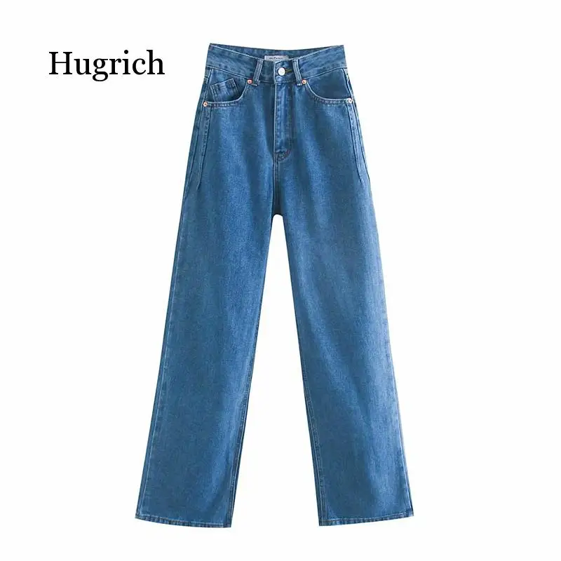 

2020 Women High Waist Overlength Jeans Pants Trousers Pockets Zipper Female Wide Leg Denim Pants
