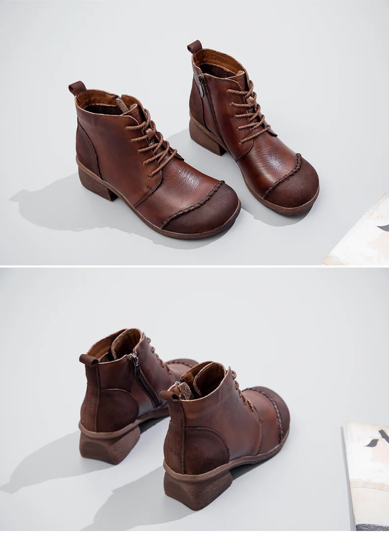 GKTINOO/Новинка года; женские ботинки из натуральной кожи; повседневные ботильоны на шнуровке в винтажном стиле; осенне-зимняя обувь с круглым носком на высоком квадратном каблуке