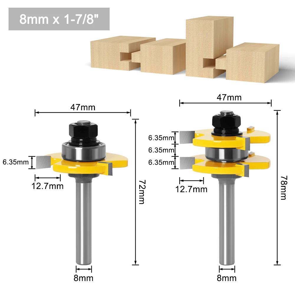 2pc/set 3T T-type 1/4 Inch Shank Tongue Groove Router Bit Tenon Cutter Tool 